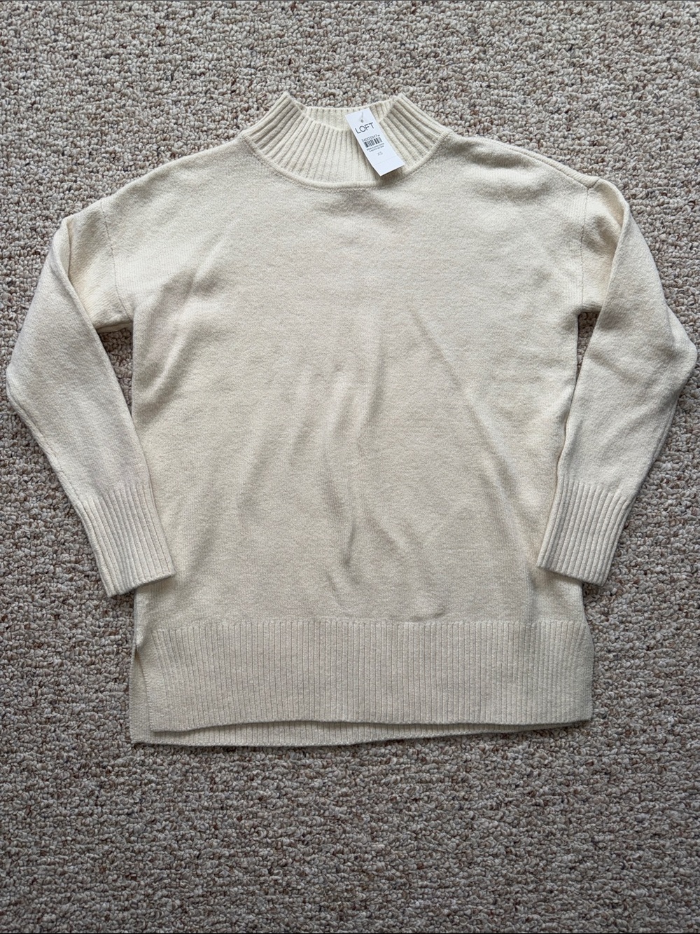 LOFT Cream Ribbed Mock Neck Pullover